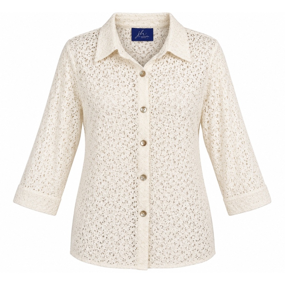 J.H. COLLECTIBLES Woman Cream Floral Lace Openwork Button Shirt Jacket, 1X